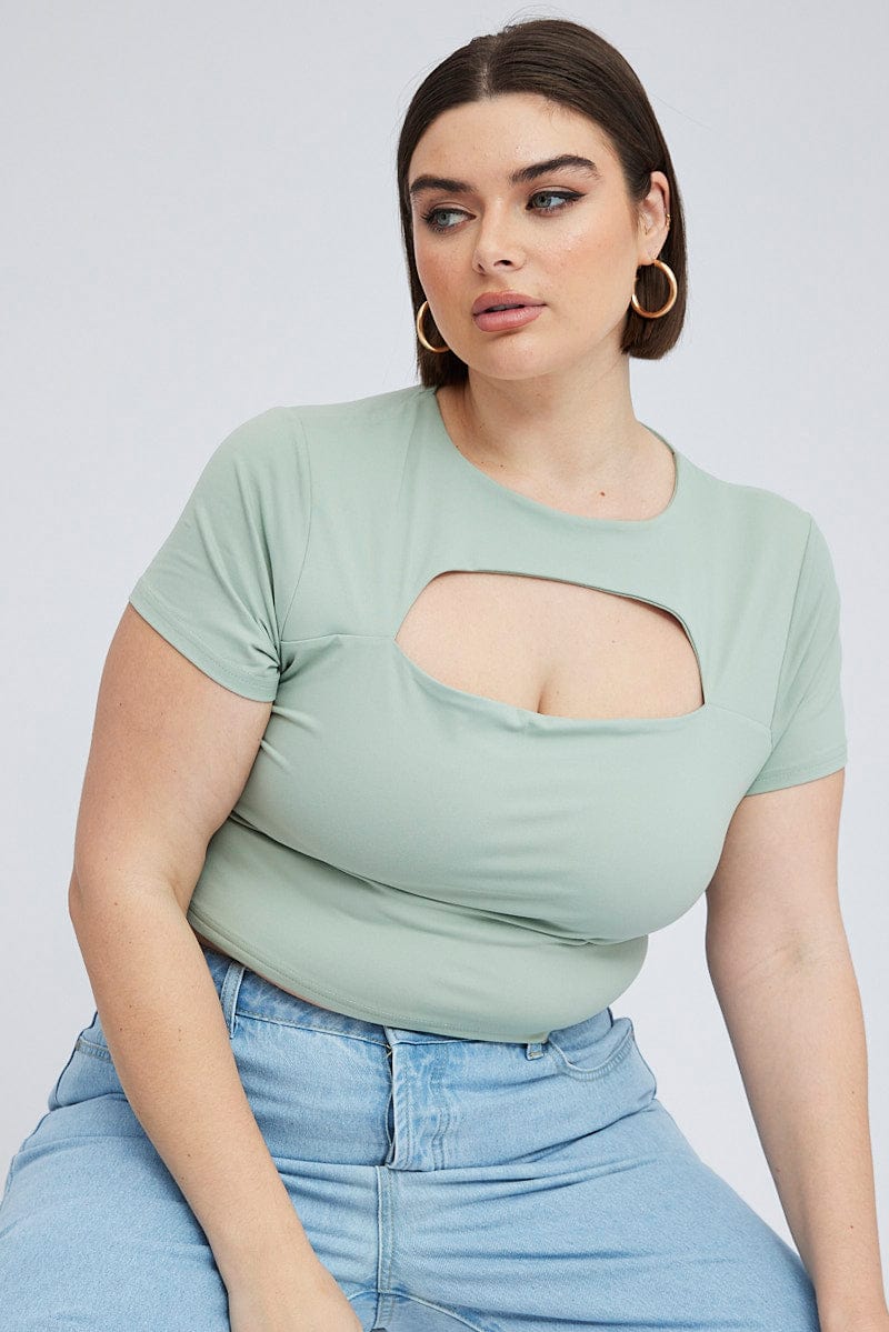 Green Cut Out Top Short Sleeve Supersoft for YouandAll Fashion