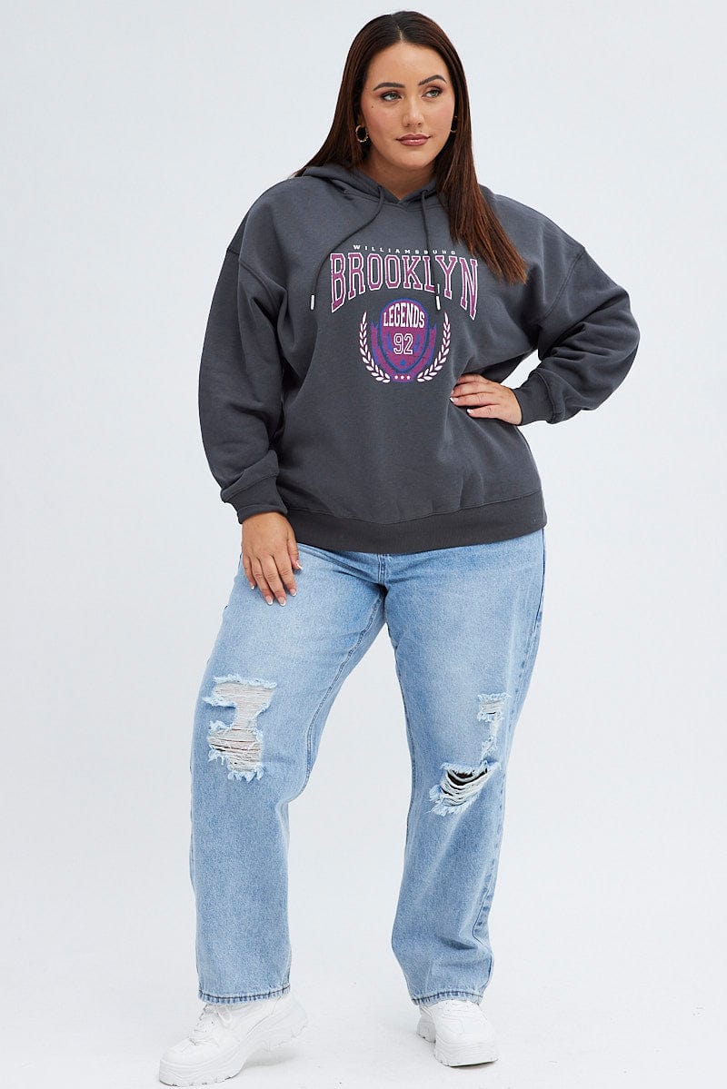 Grey Relaxed Hoodie Brooklyn Embroidery Long Sleeve for YouandAll Fashion