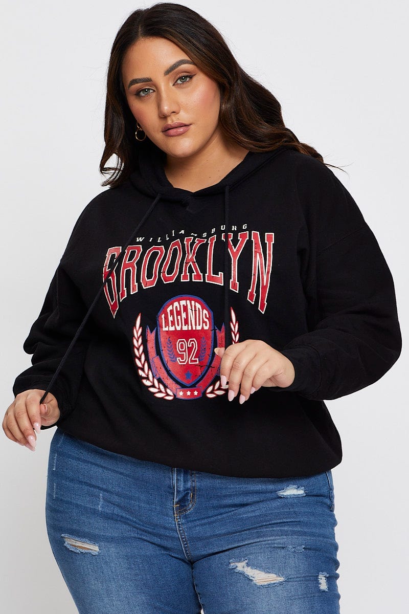 Black Relaxed Hoodie Brooklyn Graphic Long Sleeve Fleece For Women By You And All