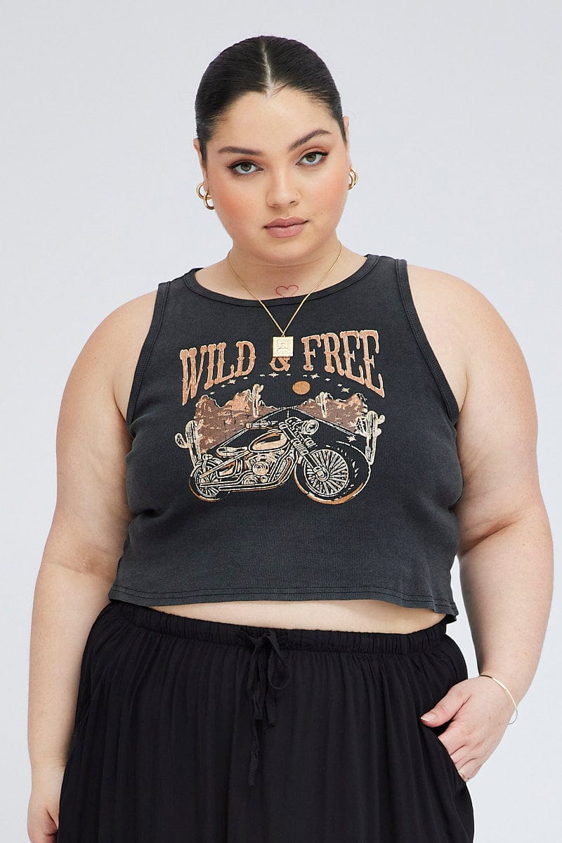 Black Graphic Tank Top Crew Neck for YouandAll Fashion