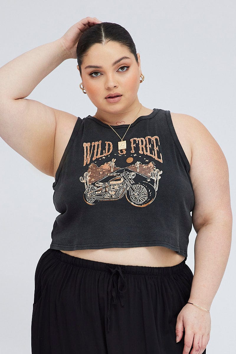 Black Graphic Tank Top Crew Neck for YouandAll Fashion