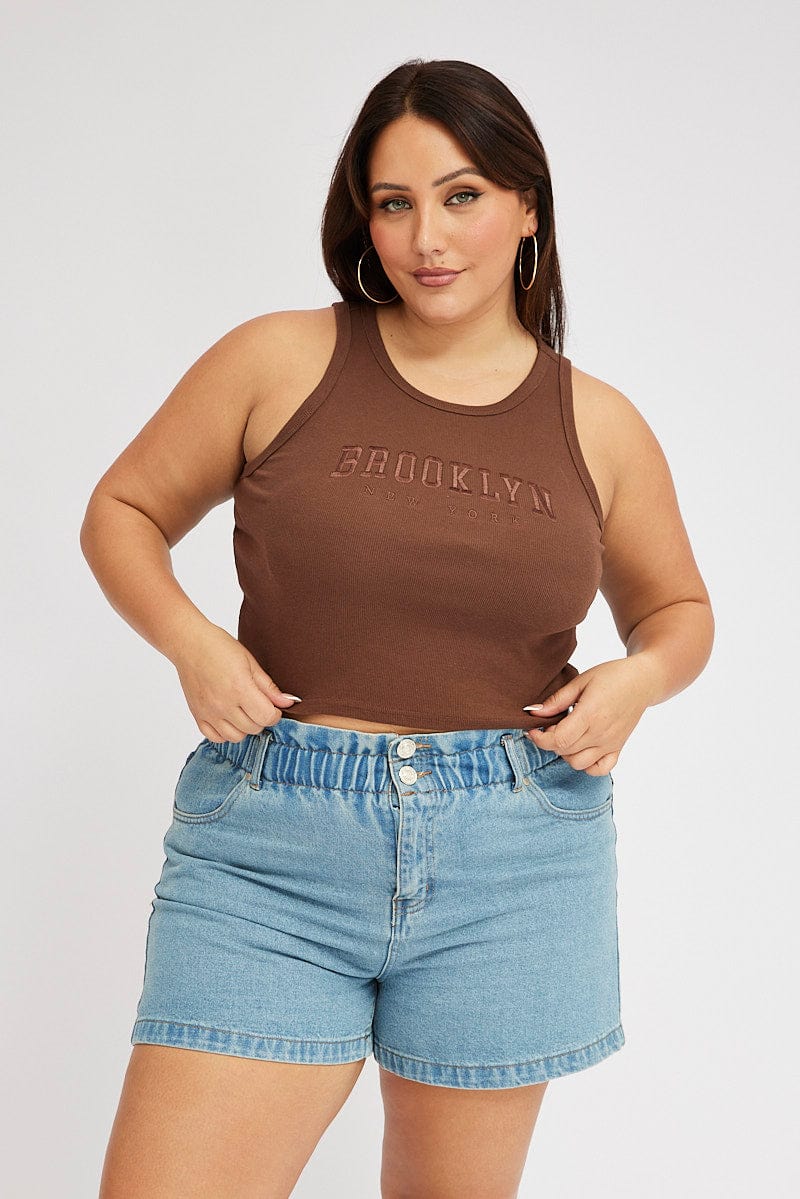 Brown Graphic Tank Top Crew Neck for YouandAll Fashion