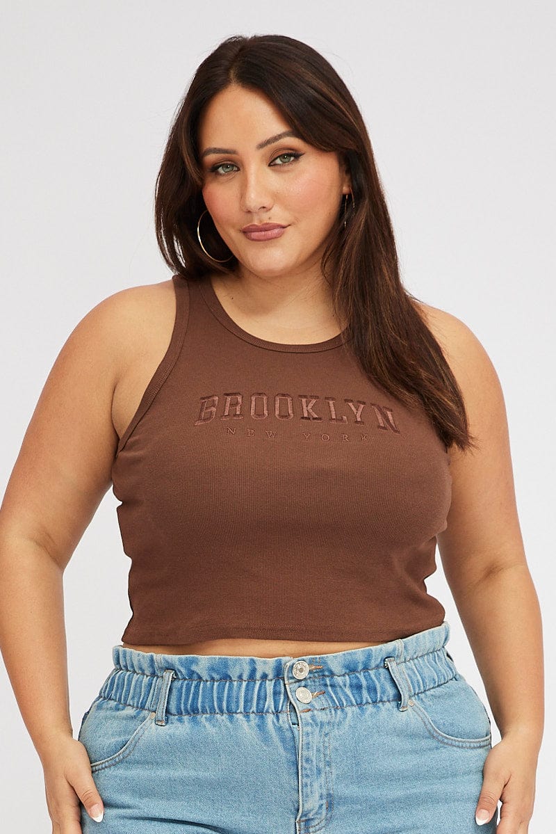 Brown Graphic Tank Top Crew Neck for YouandAll Fashion