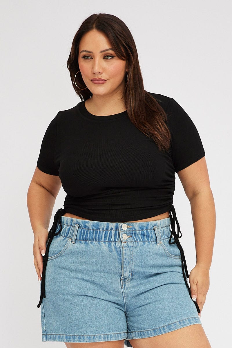 Black Ruched Top Short Sleeve Crew Neck for YouandAll Fashion