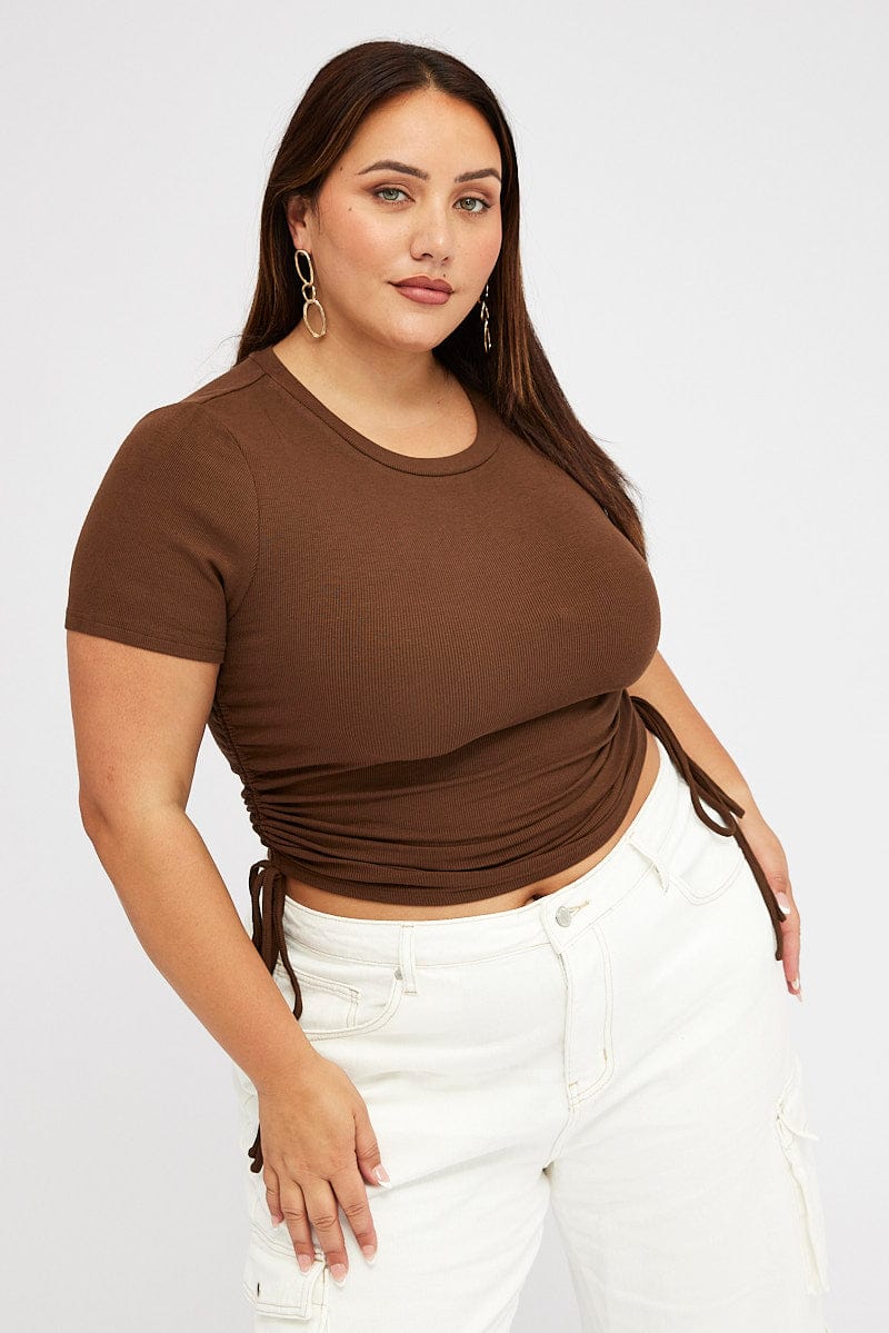 Brown Ruched Top Short Sleeve Crew Neck for YouandAll Fashion