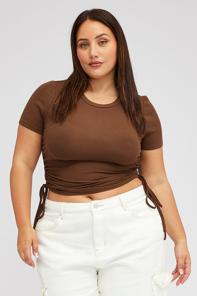 Brown Ruched Top Short Sleeve Crew Neck for YouandAll Fashion