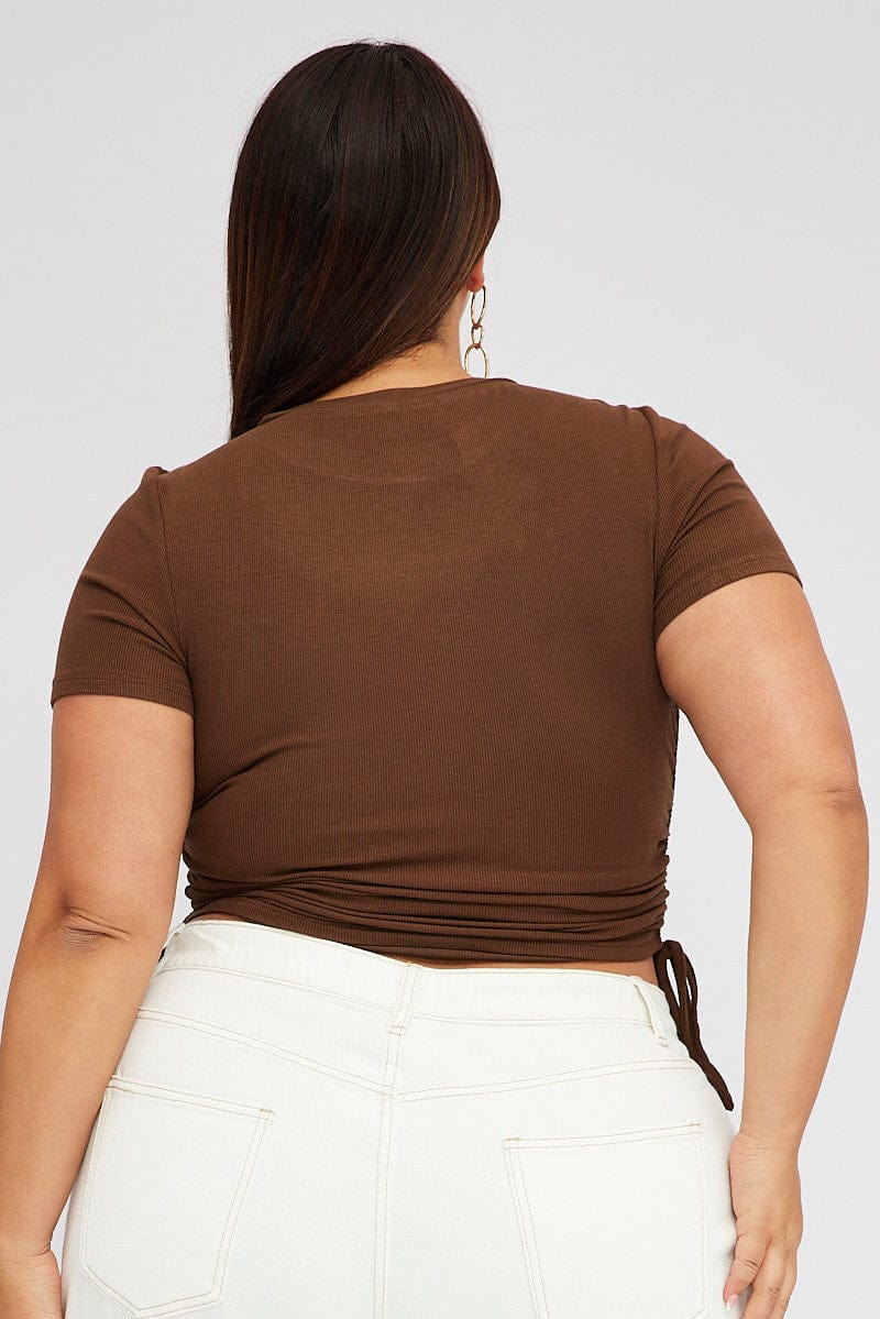 Brown Ruched Top Short Sleeve Crew Neck for YouandAll Fashion