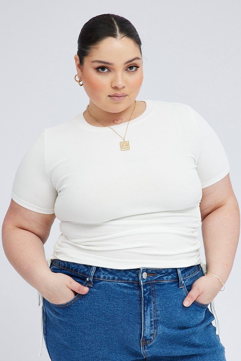 White Ruched Top Short Sleeve Crew Neck for YouandAll Fashion