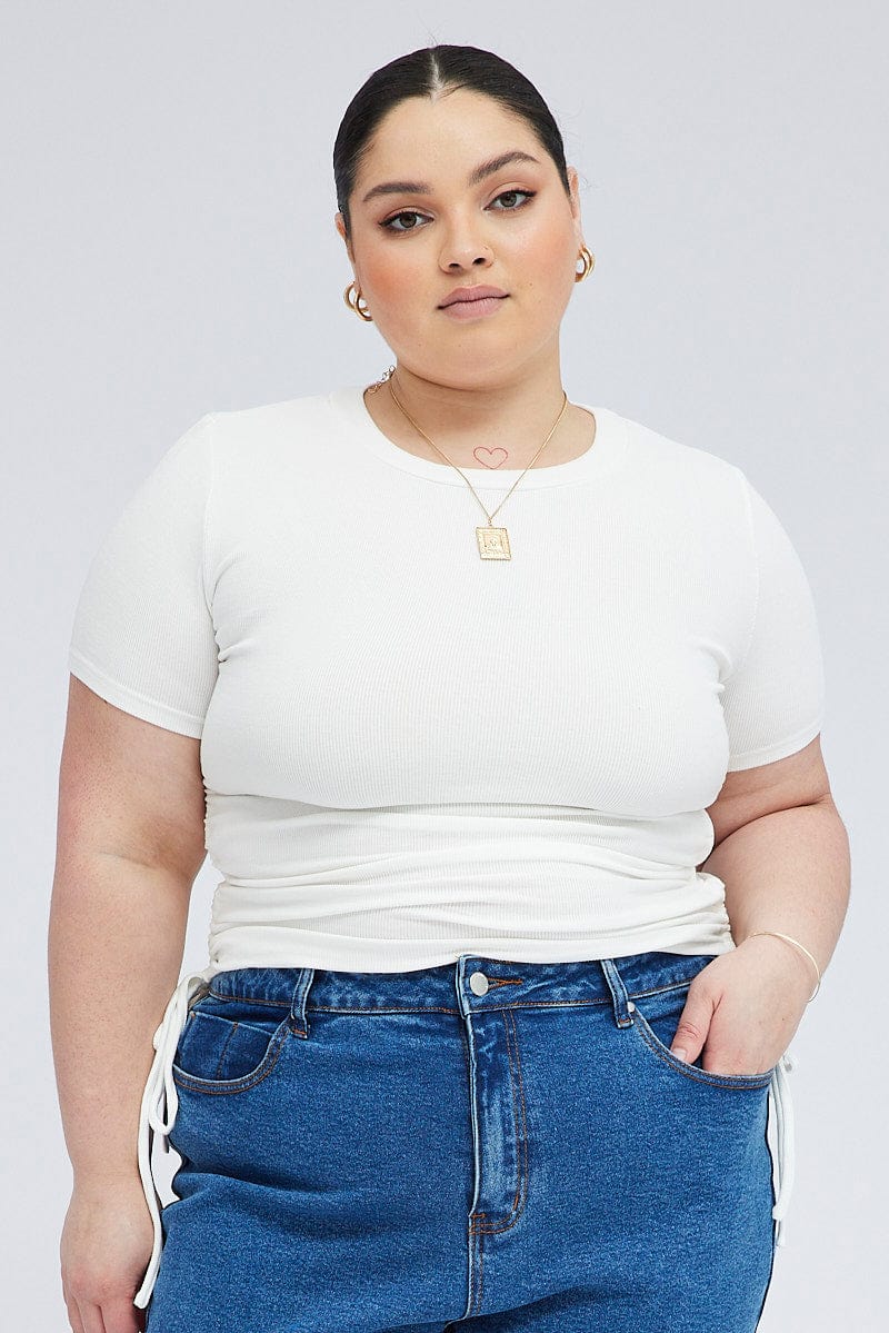 White Ruched Top Short Sleeve Crew Neck for YouandAll Fashion