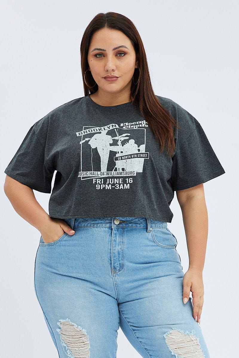 Grey Graphic T-Shirt Brooklyn Band Super Crop Jersey for YouandAll Fashion