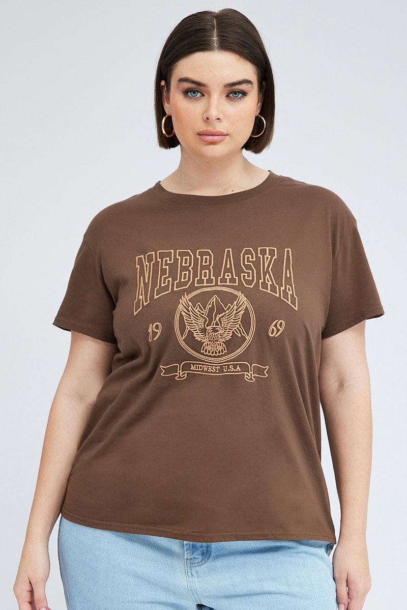 Brown Graphic T Shirt Short Sleeve Crew Neck for YouandAll Fashion