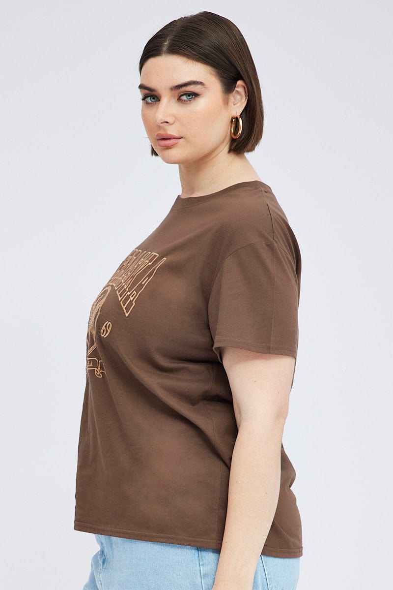 Brown Graphic T Shirt Short Sleeve Crew Neck for YouandAll Fashion