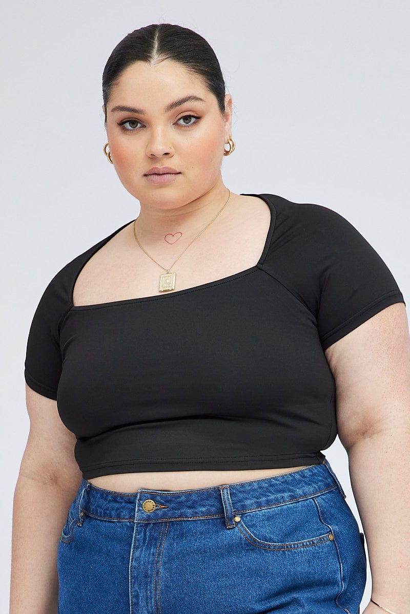 Black Top Short Sleeve Square Neck Cropped for YouandAll Fashion