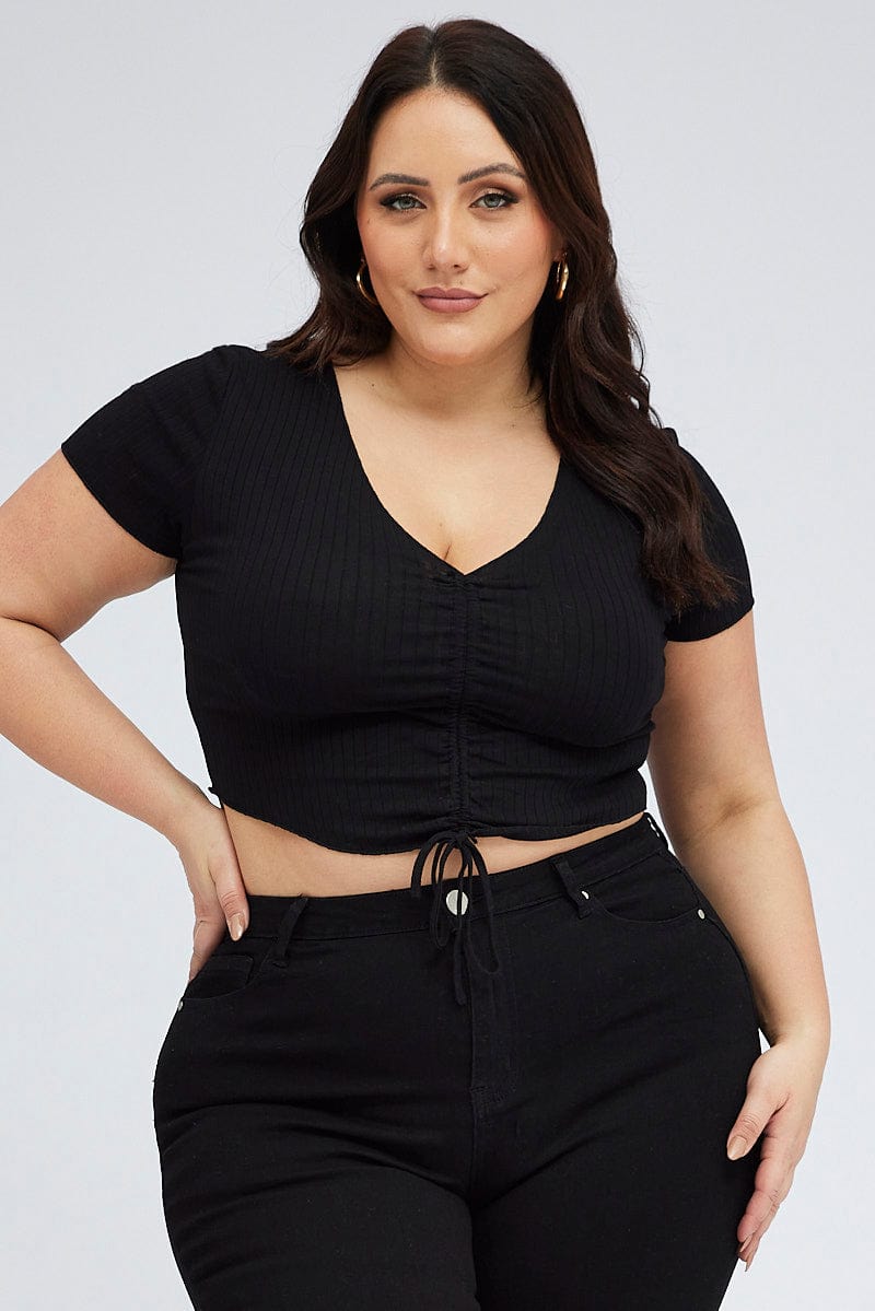 Black Ruched Top Short Sleeve V Neck for YouandAll Fashion