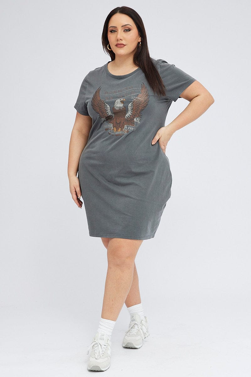 Grey Graphic Dress Short Sleeve Fitted for YouandAll Fashion