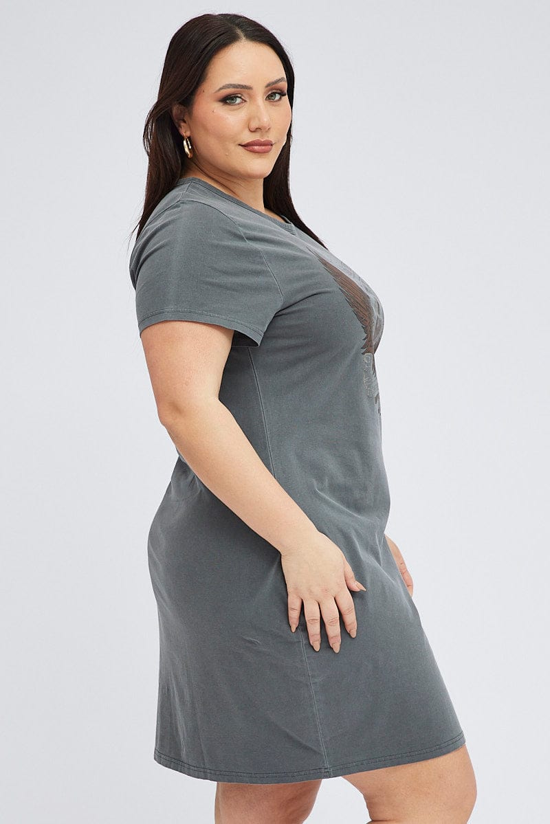 Grey Graphic Dress Short Sleeve Fitted for YouandAll Fashion