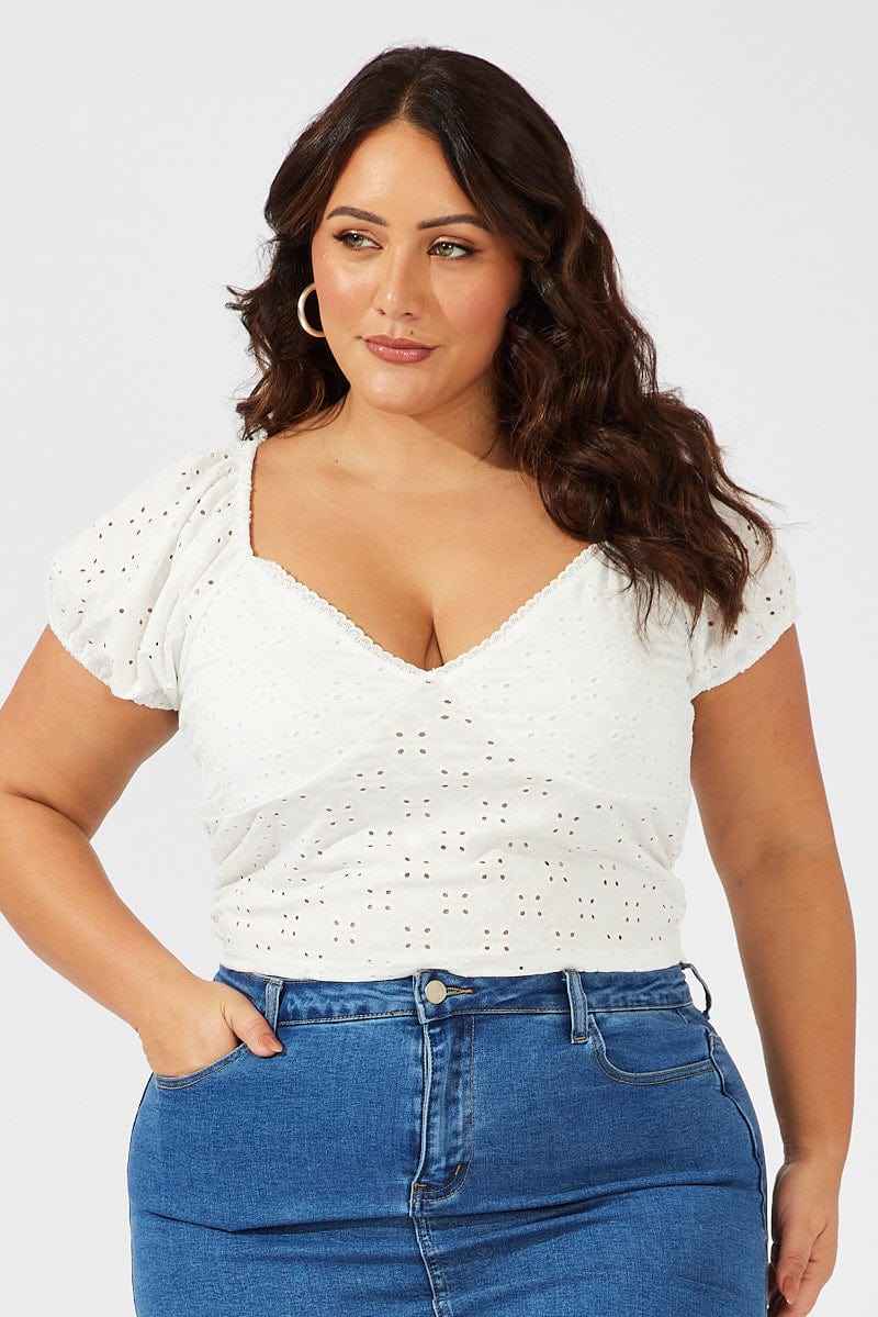 White Eyelet Top Short Sleeve Sweetheart Neckline Crop for YouandAll Fashion