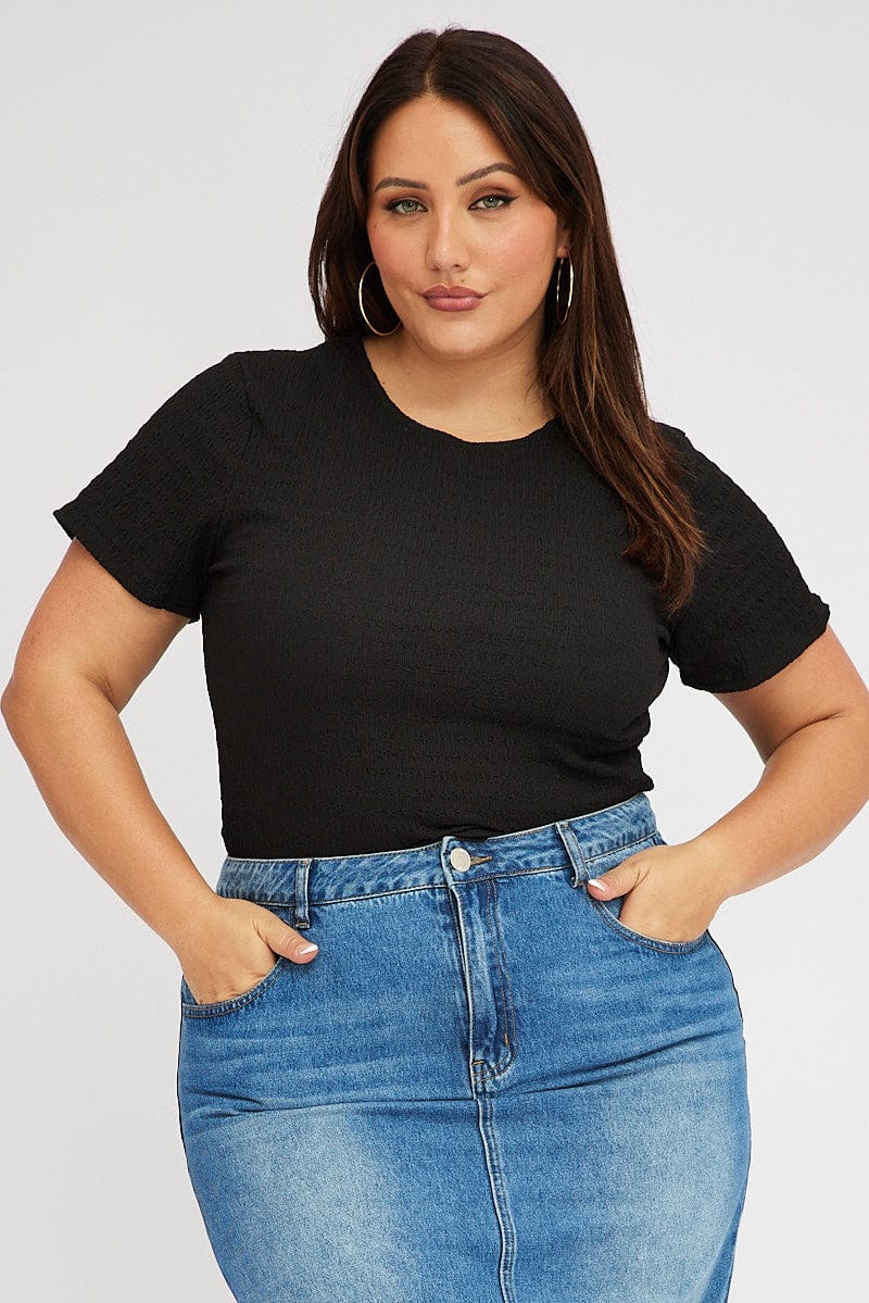 Black Textured Top Short sleeve Crew Neck for YouandAll Fashion