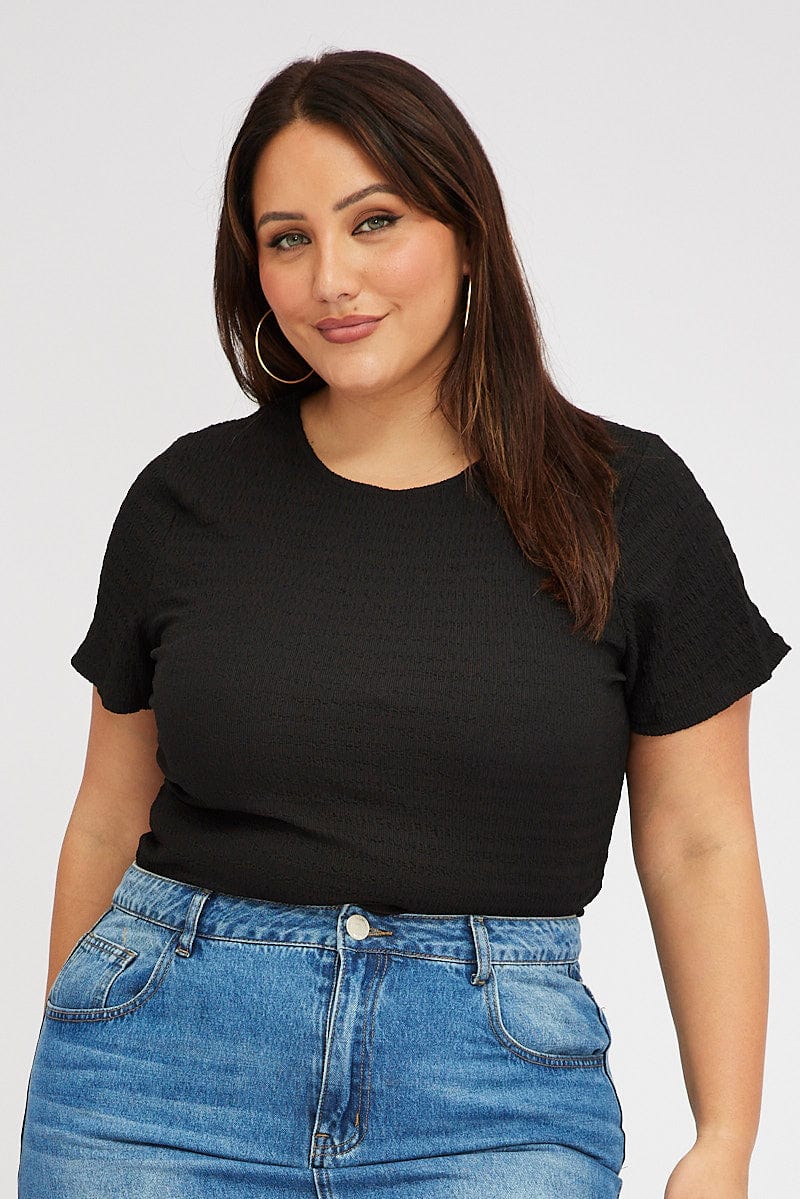 Black Textured Top Short sleeve Crew Neck for YouandAll Fashion