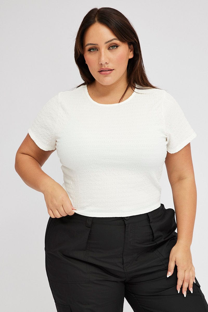 White Textured Top Short sleeve Crew Neck for YouandAll Fashion