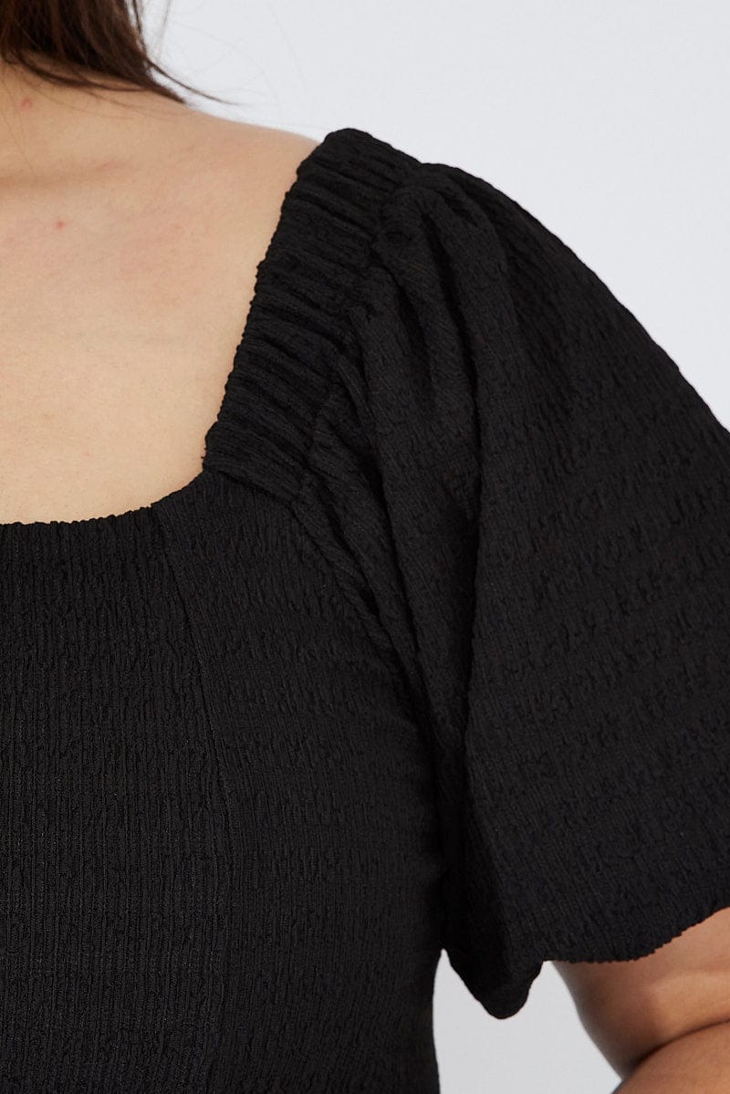 Black Top Puff Sleeve Square Neck Textured for YouandAll Fashion