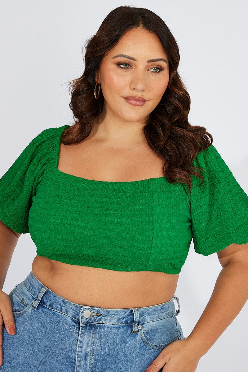 Green Top Puff Sleeve Square Neck Textured for YouandAll Fashion