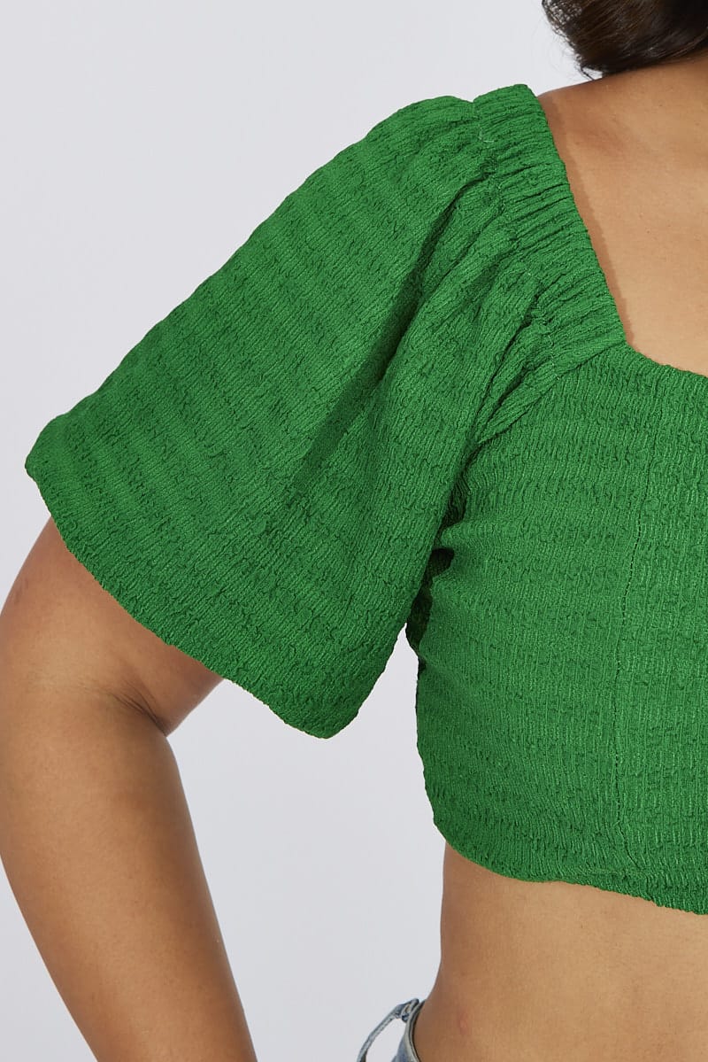 Green Top Puff Sleeve Square Neck Textured for YouandAll Fashion