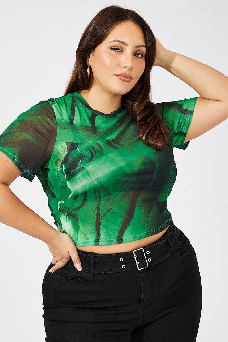 Green Abstract Crop T Shirt Short Sleeve Crew Neck Mesh for YouandAll Fashion