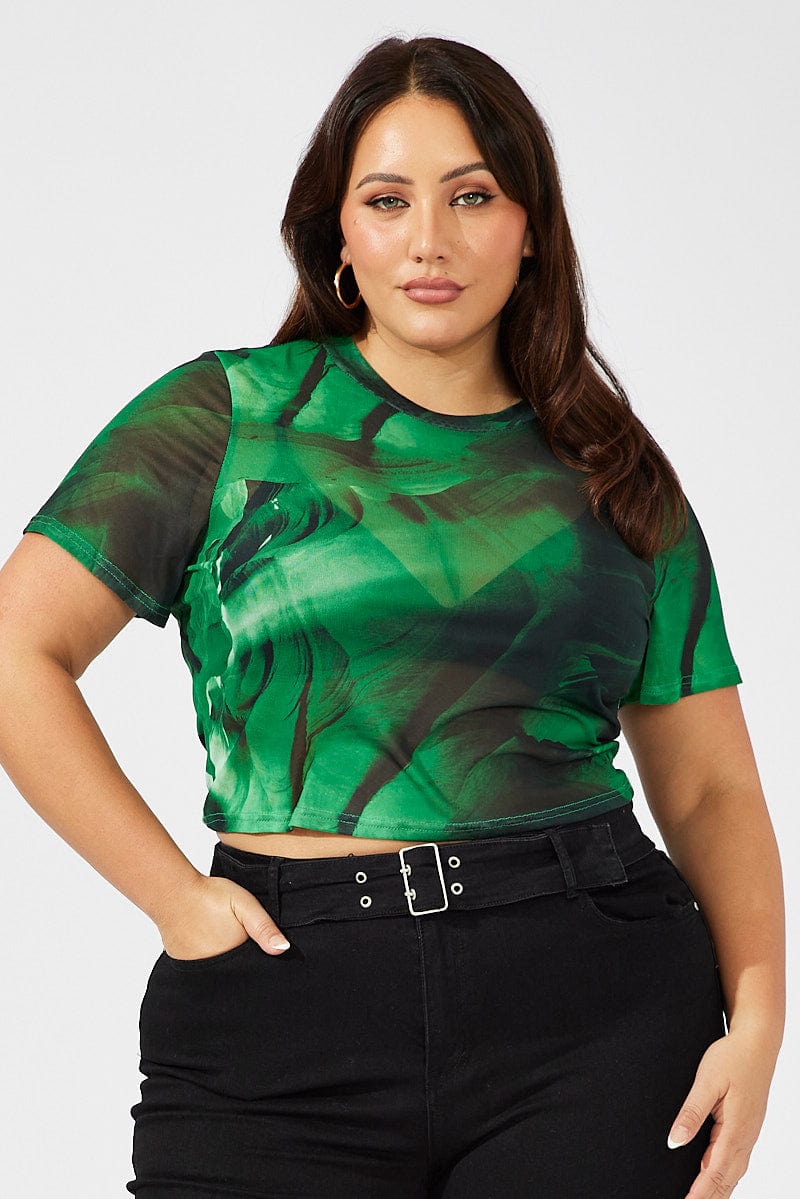 Green Abstract Crop T Shirt Short Sleeve Crew Neck Mesh for YouandAll Fashion