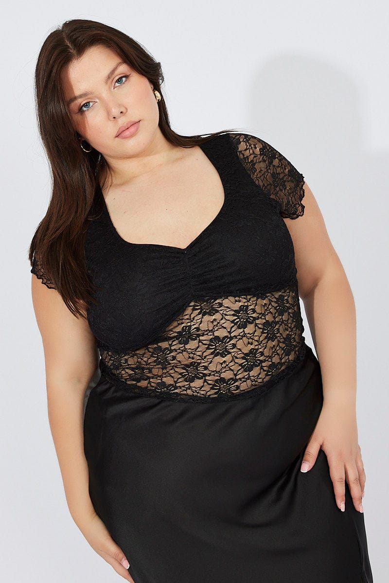 Black Lace Top Short Sleeve V Neck for YouandAll Fashion