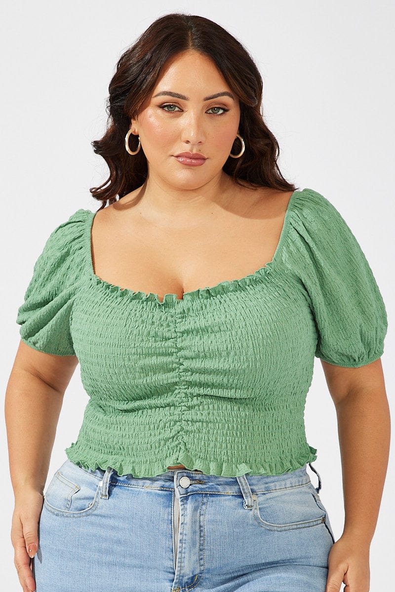 Green Ruched Top Short Sleeve Sweetheart Neck Textured for YouandAll Fashion