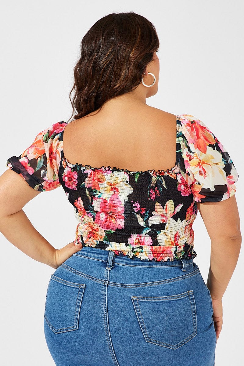 Black Floral Ruched Top Short Sleeve Sweetheart Neck Mesh for YouandAll Fashion