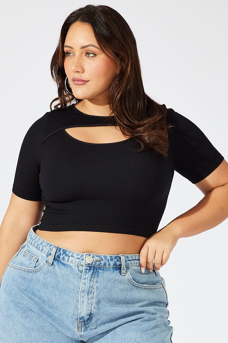 Black Cut Out Top Short sleeve Crew Neck Seamless for YouandAll Fashion