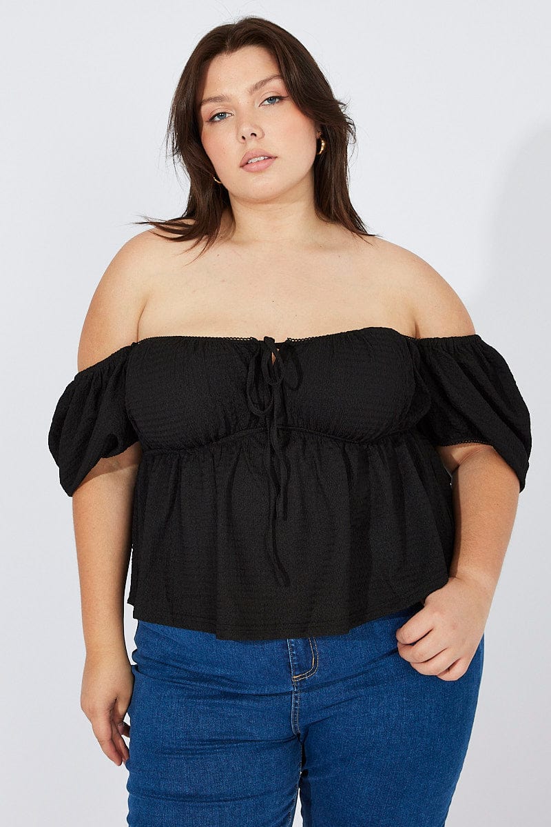 Black Top Short Sleeve Sweetheart Neckline Textured for YouandAll Fashion