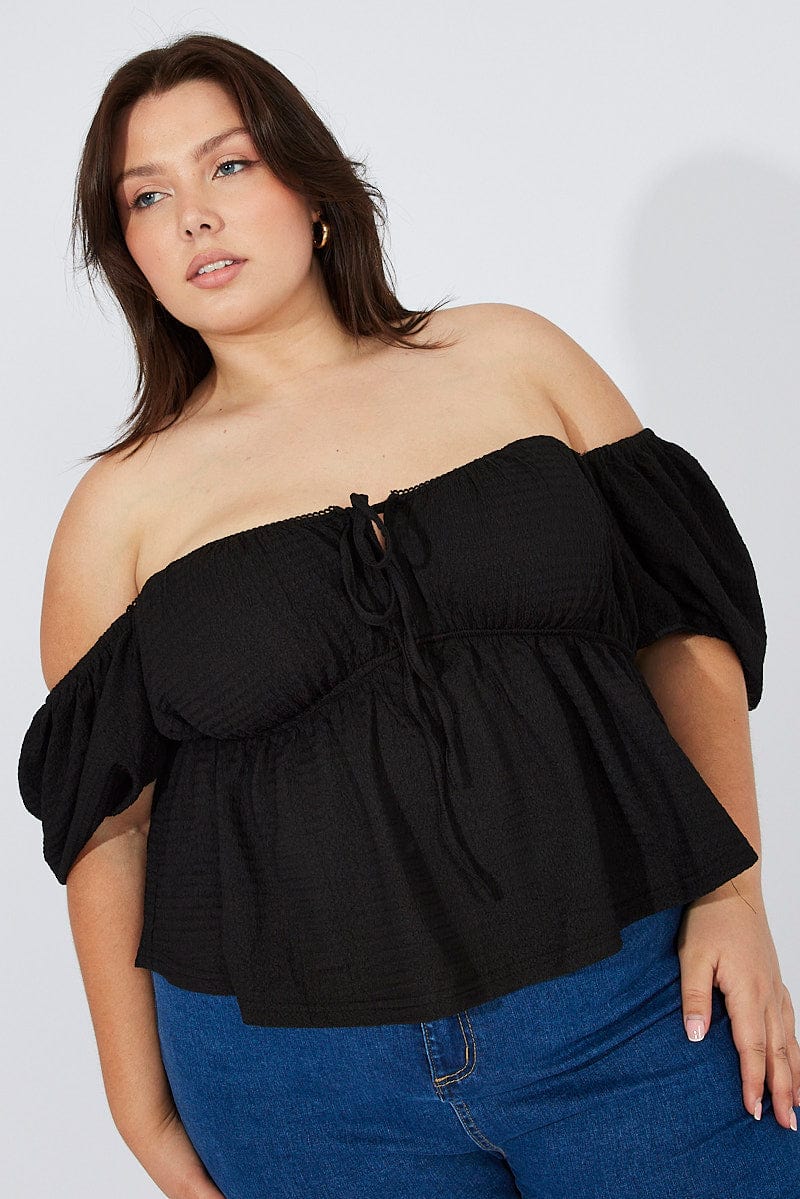 Black Top Short Sleeve Sweetheart Neckline Textured for YouandAll Fashion