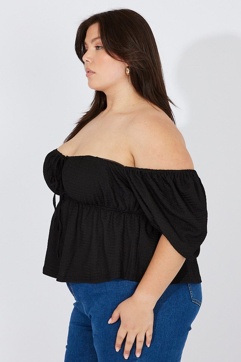 Black Top Short Sleeve Sweetheart Neckline Textured for YouandAll Fashion