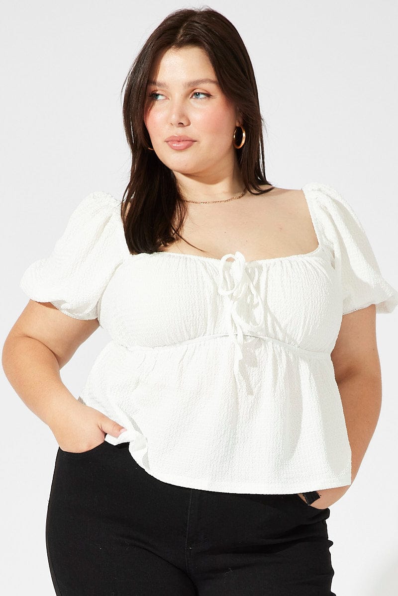 White Top Short Sleeve Sweetheart Neckline Textured for YouandAll Fashion