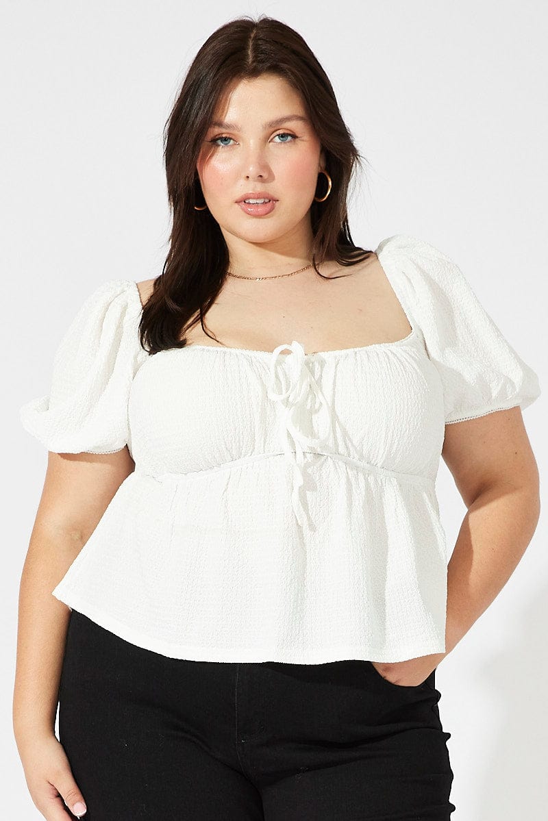 White Top Short Sleeve Sweetheart Neckline Textured for YouandAll Fashion