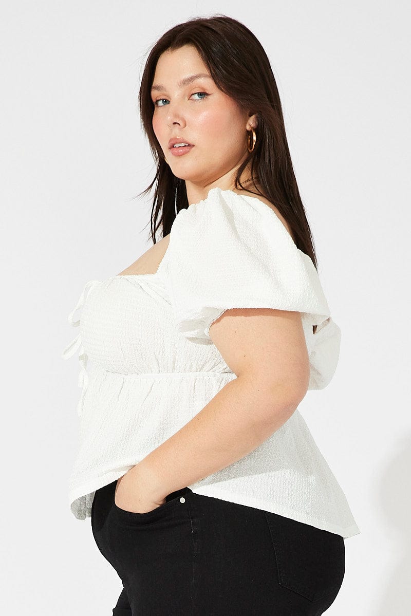 White Top Short Sleeve Sweetheart Neckline Textured for YouandAll Fashion