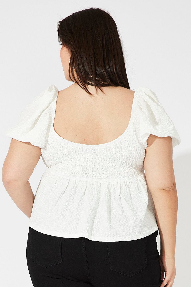 White Top Short Sleeve Sweetheart Neckline Textured for YouandAll Fashion