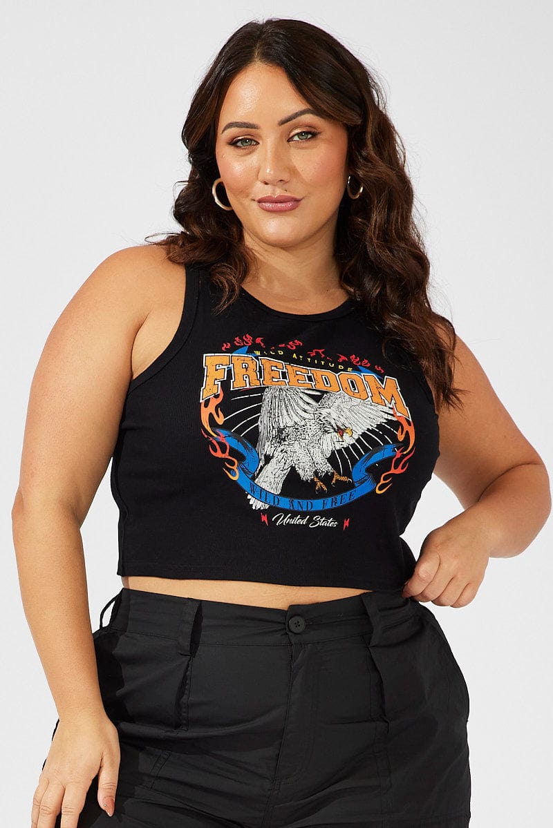 Black Graphic Tank Top Crew Neck for YouandAll Fashion