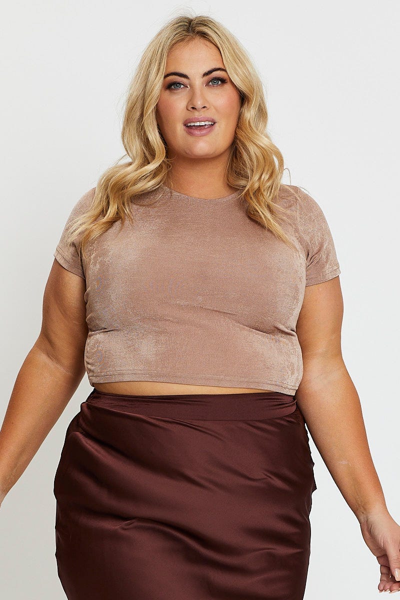 Brown Crop T-Shirt Crew Neck Short Sleeve Slinky Jersey For Women By You And All