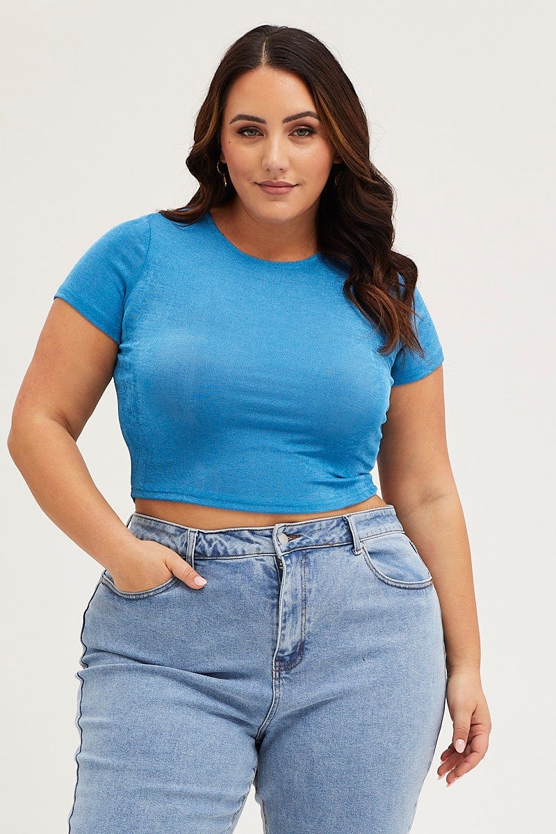 Mid Blue Crop T-Shirt Crew Neck Short Sleeve Slinky Jersey for Women by You and All