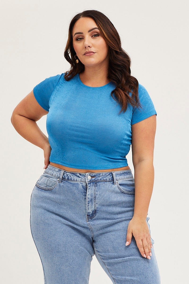 Mid Blue Crop T-Shirt Crew Neck Short Sleeve Slinky Jersey for Women by You and All