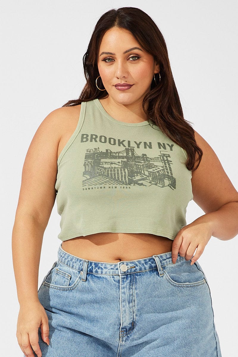 Green Graphic Tank Top Crew Neck Brooklyn for YouandAll Fashion