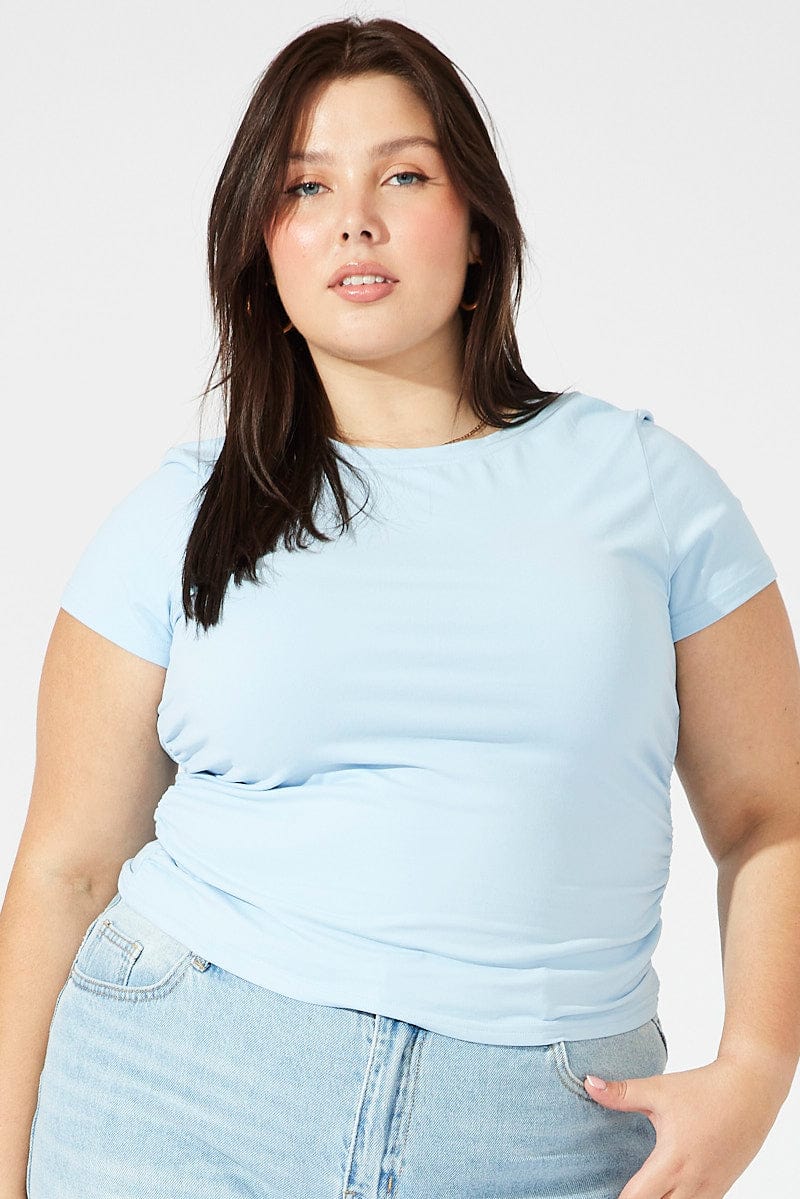 Blue Supersoft Top Short Sleeve Crew Neck Side Ruched for YouandAll Fashion