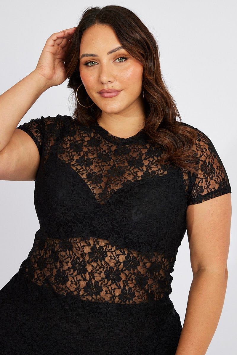 Black Lace Top Short Sleeve Crew Neck for YouandAll Fashion