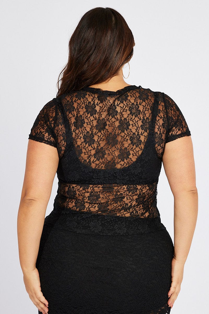 Black Lace Top Short Sleeve Crew Neck for YouandAll Fashion