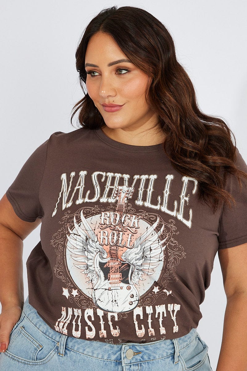 Brown Graphic T Shirt Short Sleeve Crew Neck for YouandAll Fashion