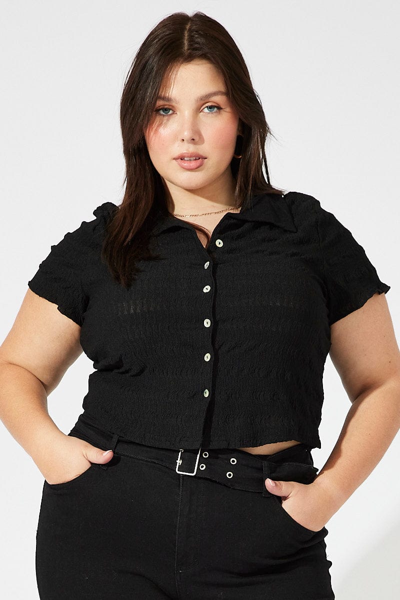 Black Collared Top Short Sleeve Textured for YouandAll Fashion